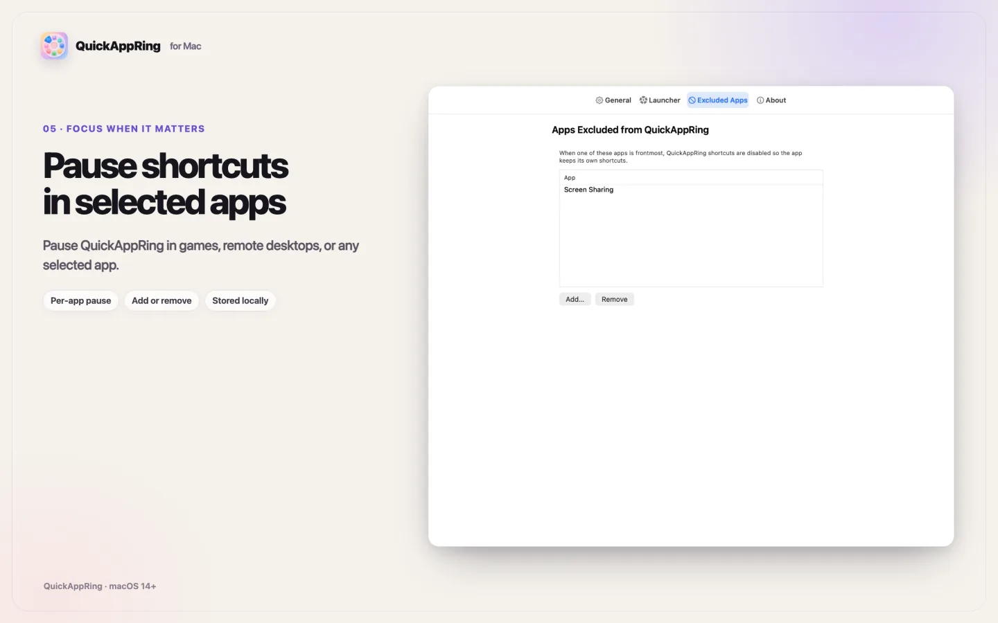 QuickAppRing Excluded Apps pane showing Screen Sharing in the pause list