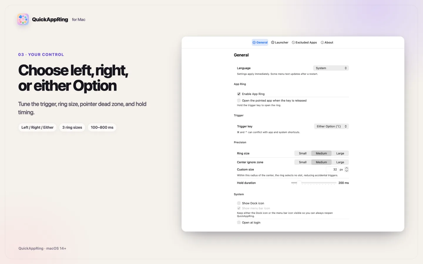 QuickAppRing General pane with trigger, timing, ring size, and menu bar settings