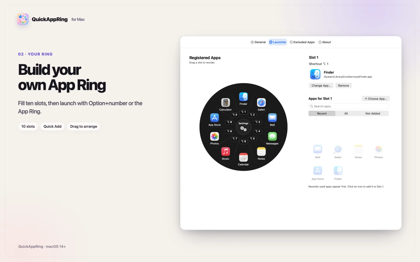 QuickAppRing Launcher pane with the App Ring and Quick Add suggestions